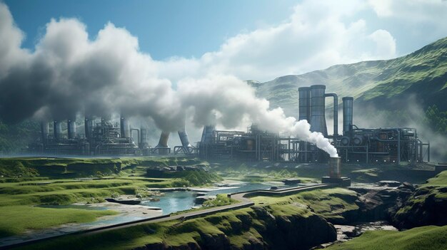 a factory with smoke coming out of it and a blue sky with clouds