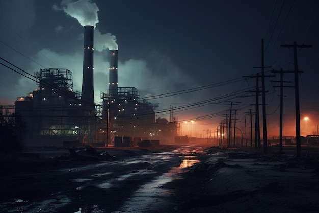 a factory with smoke coming out of it at night