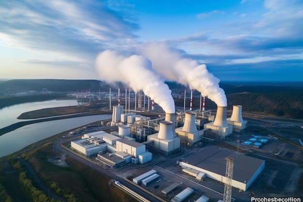 Photo a factory with smoke coming out of it and a sky background