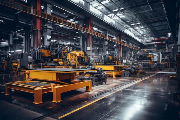 a factory with a yellow machine in the middle of it