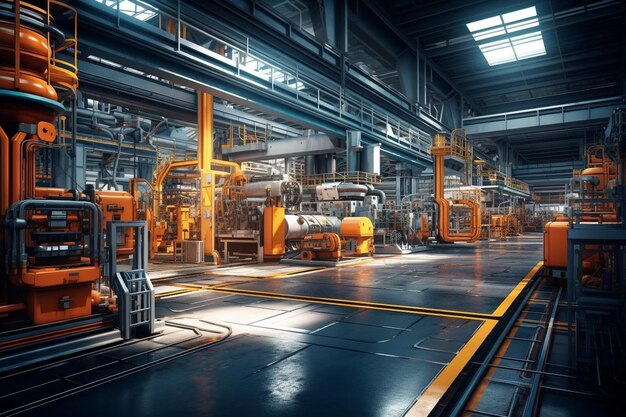 a factory with a yellow vehicle in the middle of the floor