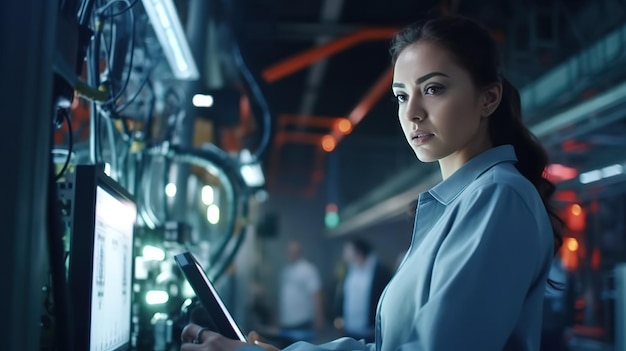 A factory woman is an industrial engineer working with automation of robot manipulators in intelligent industrial productionFuturistic innovative technologies Generative AI