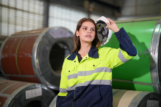 Factory woman worker sitting on steel roll and suffering stress fail at factory workshop equipment