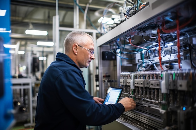 Foto un operaio di fabbrica svolge compiti di manutenzione con un portatile in una raffineria di petrolio per un'efficienza ottimale