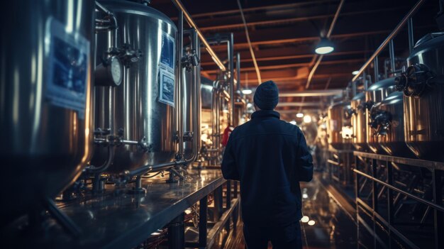 Factory worker inspecting production line with reservoirs or tanks with beer plant with