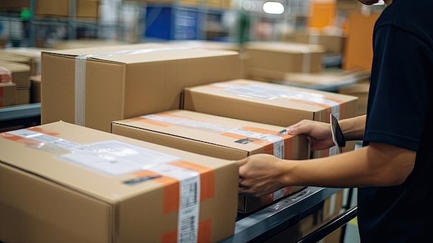 A factory worker makes return package labels for packaging boxes in a warehouse logistic factory