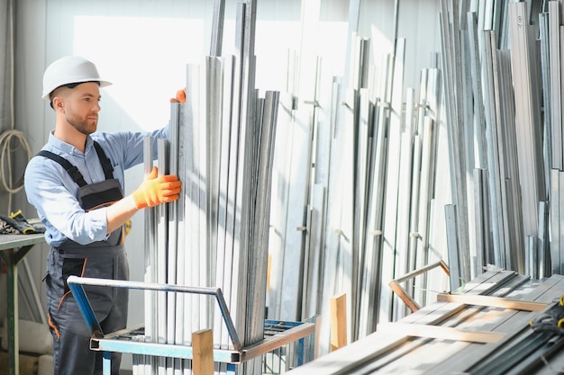 Factory worker measures the metal profile