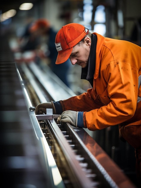 Foto un operaio della fabbrica misura il profilo metallico