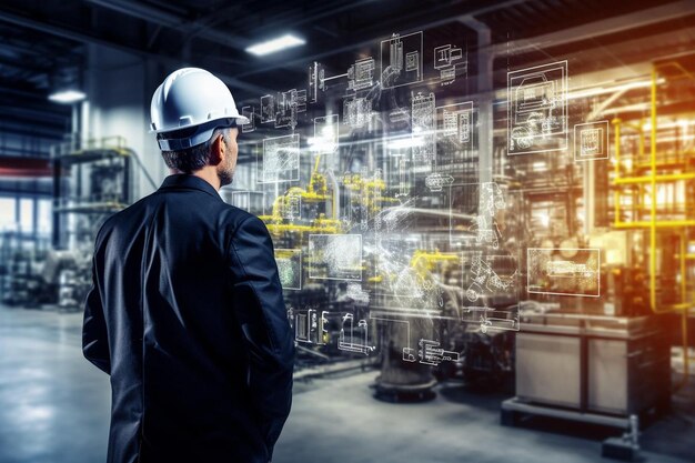 Foto lavoratore di fabbrica che controlla a distanza le macchine industriali e la produzione nella sala di controllo