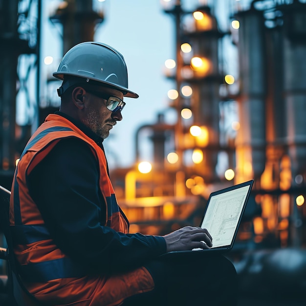 Factory worker at an oil refinery using a laptop Ai generative