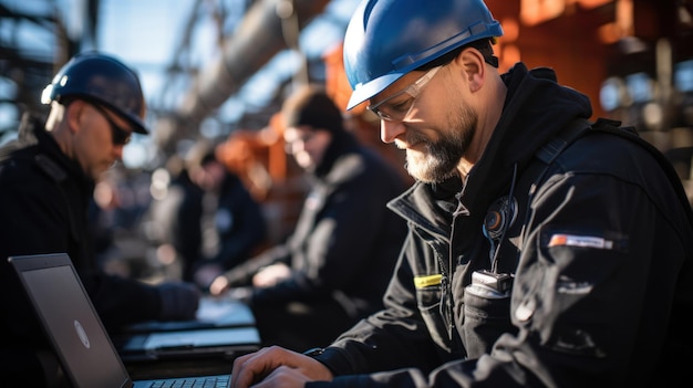 Factory worker in oil refinery using laptop computer for maintenance work