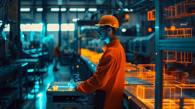 Factory Worker in Orange Jacket and Hard Hat