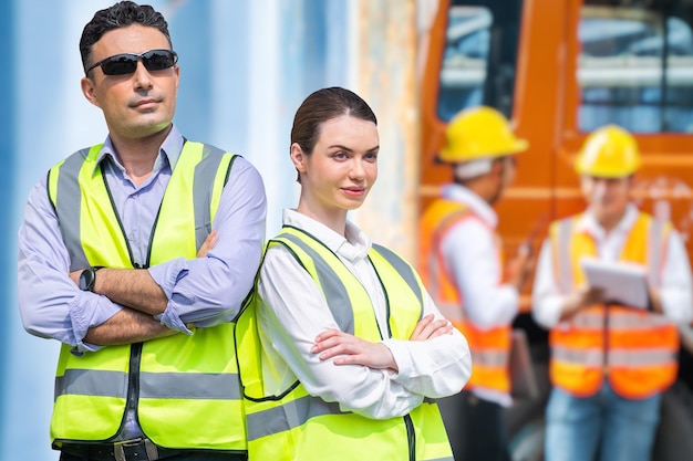 Factory worker people man and woman standing in front of containers logistic in warehouse. asian, and white caucasian people operate on site cargo for logistic shipping area.