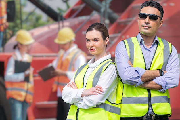 Factory worker people man and woman standing in front of\
containers logistic in warehouse. workers inspecting and meeting in\
front of heavy machine vehicle car.