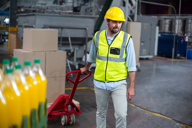 Factory worker pulling trolley of cardboard boxes