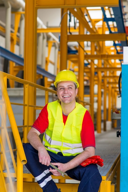 Photo factory worker smiling in a factory and relaxing after work