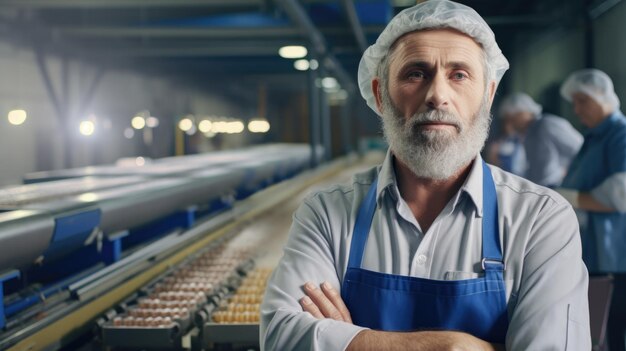 A factory worker standing in front of a conveyor belt of food products