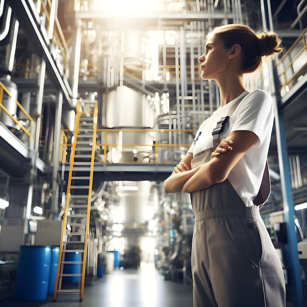 Foto lavoratore di fabbrica in piedi su una scala lontano da lui