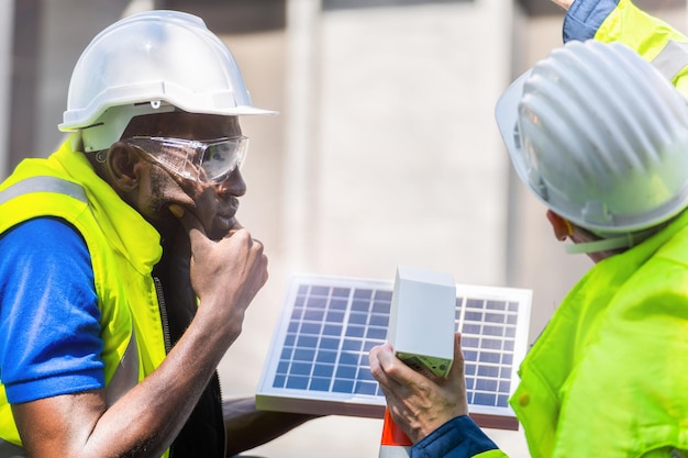 持続可能な技術のための太陽電池パネルを示す工場労働者の技術者エンジニアの男性