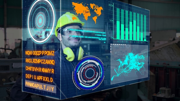 Factory worker use future holographic screen device to control manufacturing