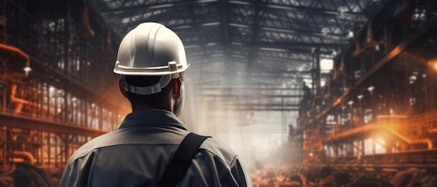 Factory Worker Wearing Helmet In Factory Design Background