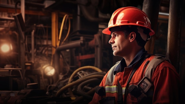 Factory worker wearing a safety helmet in the background of a production line