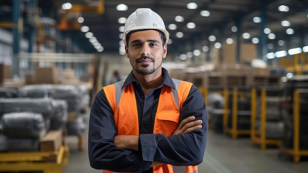 A factory worker with arms crossed