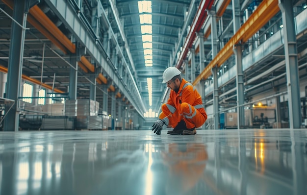 Foto un operaio di fabbrica con un casco duro e un ingegnere sul pavimento