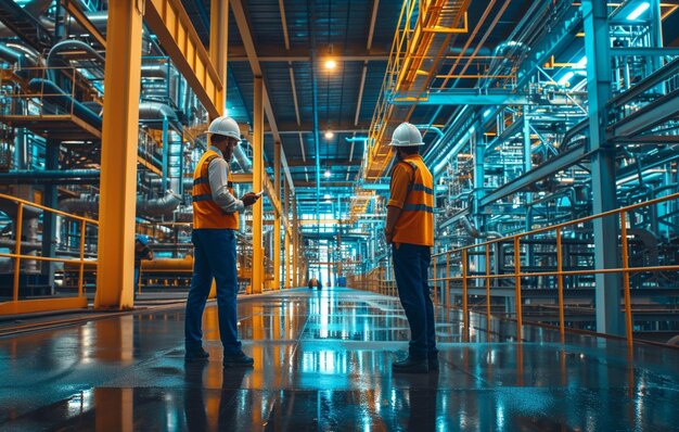 a factory worker with hard hat and engineer on the floor