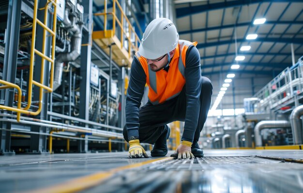 a factory worker with hard hat and engineer on the floor