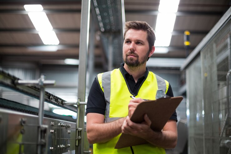 Photo factory worker writing on clipboard in factory