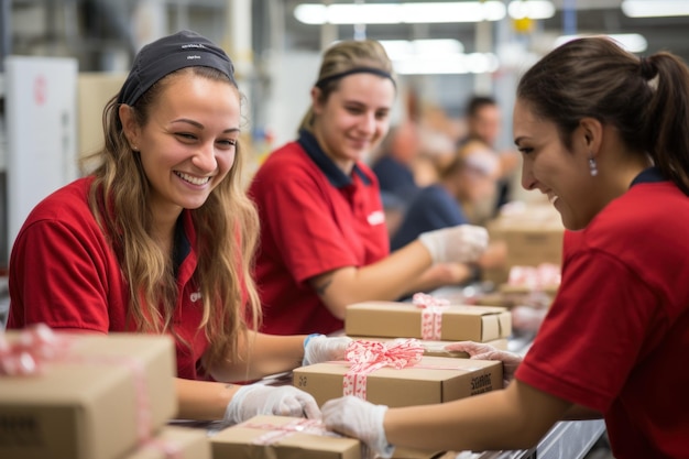 Factory workers collecting parcels smiling and happy