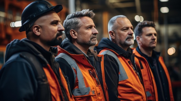 Factory workers engineers managers and foremen stand in a heavy industrial plant