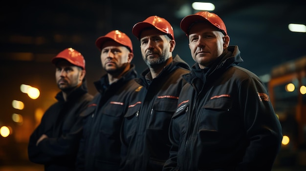 Заводские рабочие, инженеры, менеджеры и мастера стоят на тяжелом промышленном заводе