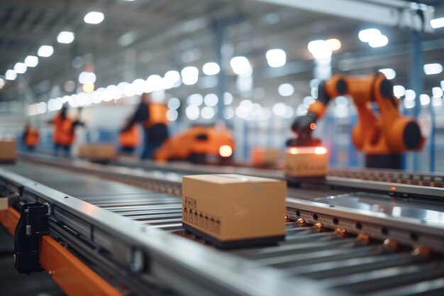 Factory workers and robotic arm removing packages from conveyor line
