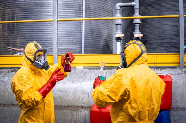 Factory workers teamwork chemical experts checking quality of acids for industry