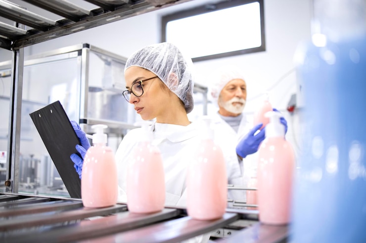 Photo factory workers or technologists controlling process of shampoo production
