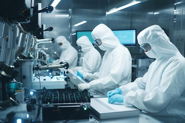 Фабричные работники в белых лабораторных костюмах и черных латексных перчатках работают с современным оборудованием