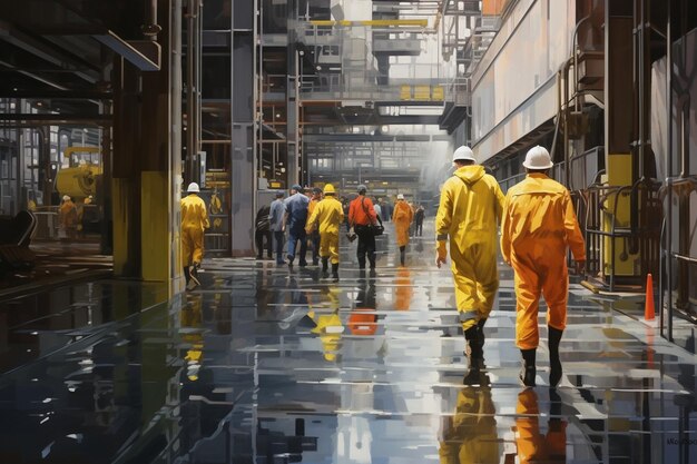 factory workers in work wear and yellow helmets walking through industrial production hall