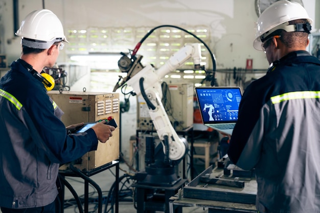 Photo factory workers working with adept robotic arm in a workshop