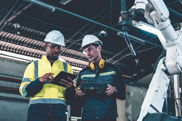 Factory workers working with adept robotic arm in a workshop