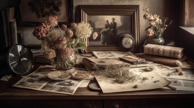 A faded photograph rests on an antique table