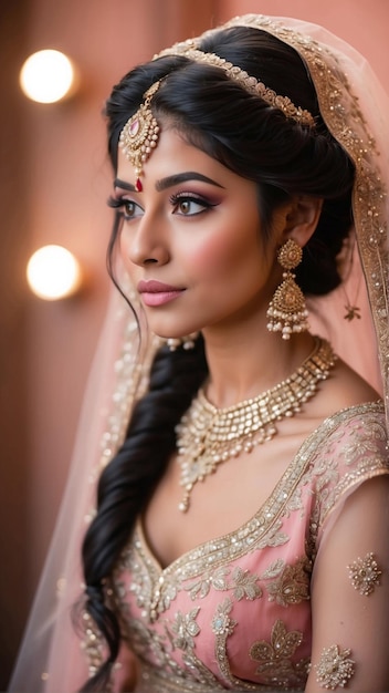 Photo faded pink whispers serene portrait of an indian bride in a subtle pink lehenga emanating vintage charm and bridal grace generative ai
