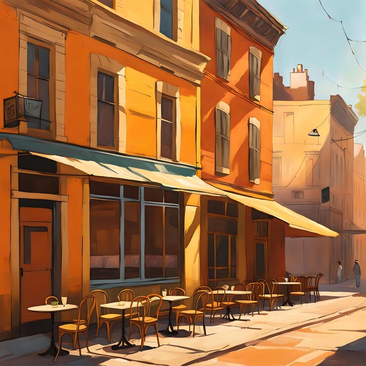 Photo faded street cafe showcasing stripped city charm
