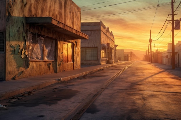 Угасающий солнечный свет отбрасывает тени на пустынные улицы, созданные с помощью генеративного ИИ