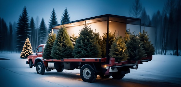 fair selling Christmas trees a truck brought Christmas trees for sale at the winter market