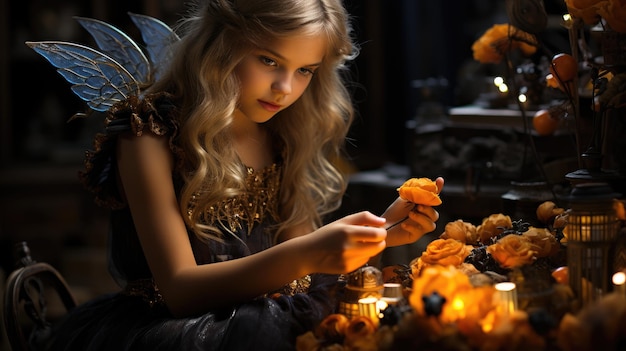 Fairy Amidst Pumpkins Girl In Fairy Costume Inspecting JackOLantern Generative AI