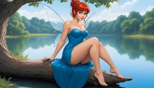 a fairy in blue dress sits on a log in a pond