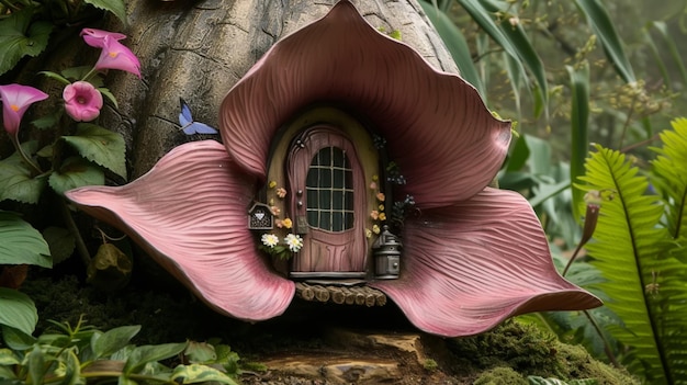 A fairy bungalow nestled within the petals of a giant blossom Generative Ai