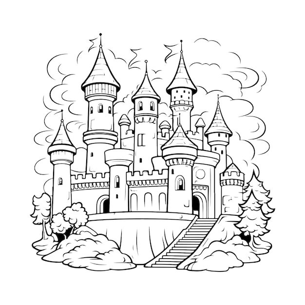 Fairy castle met de hand getekende kleurpagina voor kinderen generatieve ai